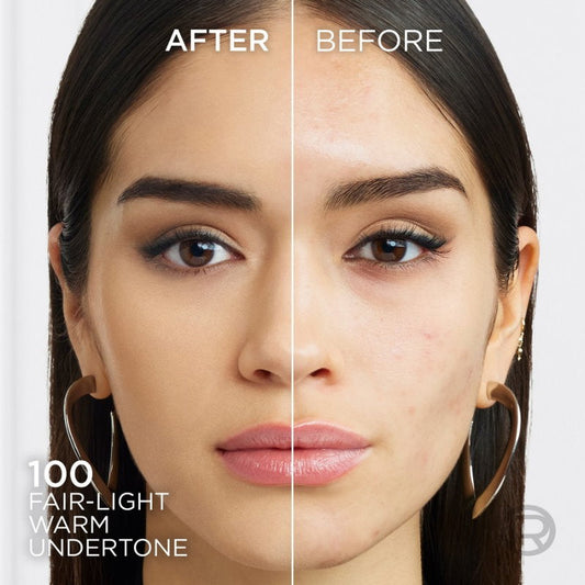 Before and after comparison of a woman's face with 100 Fair-Light Warm Undertone makeup. Makeup Warehouse