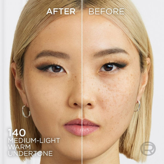 Before and after comparison of a woman's face with medium-light warm undertone makeup. Makeup Warehouse Australia