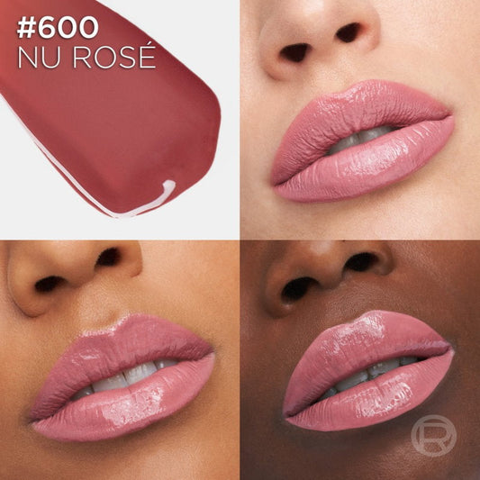 Lipstick shade #600 Nu Rose shown on a white background and applied to lips on different skin tones. Makeup Warehouse Australia