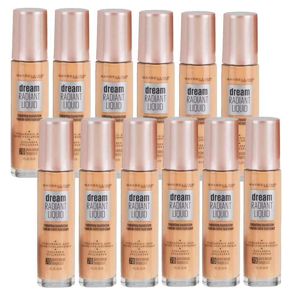 Buy 12pk Maybelline Dream Radiant Liquid Hydrating Foundation 70 Pure Beige - Makeup Australia Online Warehouse Store