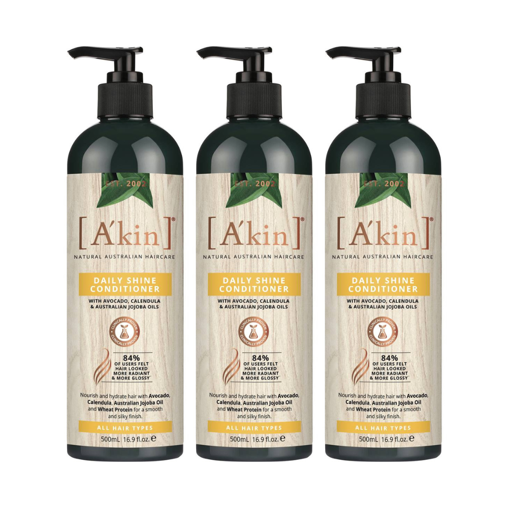 3x Akin Daily Shine Conditioner Avocado, Calendula and Australian Jojoba Oils 500ml