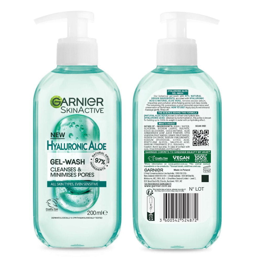 3x Garnier Skin Active Hyaluronic Aloe Gel Cleanser 200ml