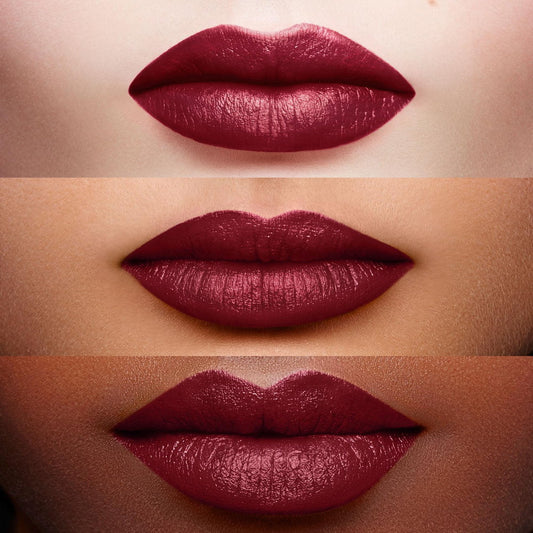 Close-up of three different shades of red lipstick on lips with varying skin tones.