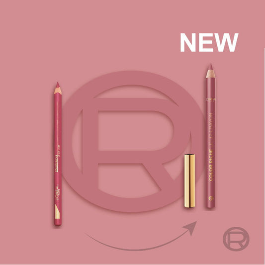 L'Oreal Paris Color Riche Le Lip Crayon Lip Liner - Two lip pencils and a case on a pink background with a brand logo.