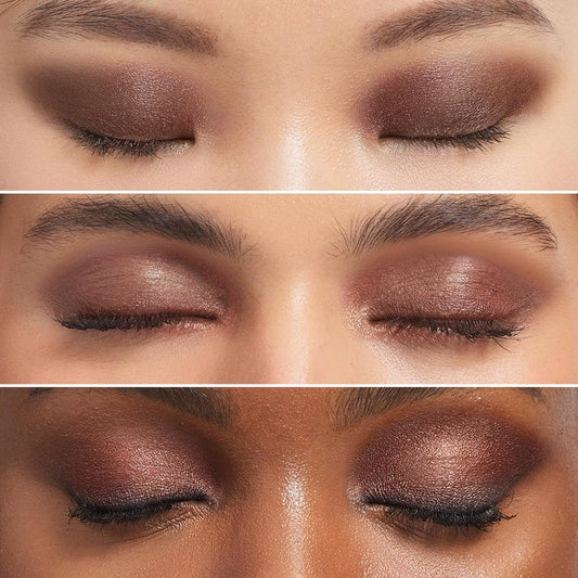 L'Oreal Paris Paradise Le Shadow Stick 240 Brown Abyss Close-up of a person's eyes with brown eyeshadow in three different poses.