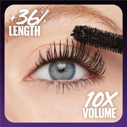 Mascara being applied to an eye with text indicating +36% length and 10x volume.