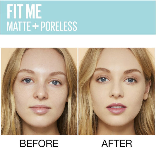 Before and after comparison of a woman's face with 'Fit Me Matte + Poreless' makeup.