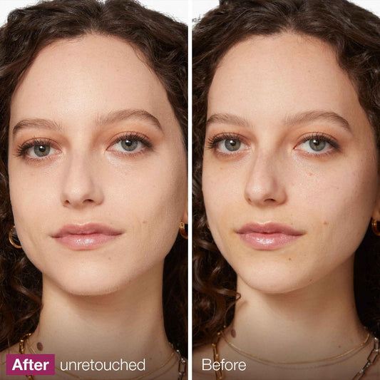 Before and after comparison of a woman's face with visible retouching.