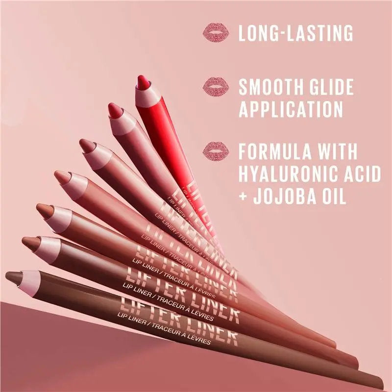 Maybelline Lifter Hydrating Longwear Lip Liner - Set of lip liner pencils with product features on a pink background