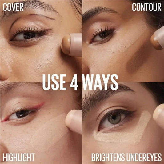 Makeup product being used on a person's face with text indicating 'Cover', 'Contour', 'Highlight', and 'Brightens Undereyes' - Makeup Warehouse Australia