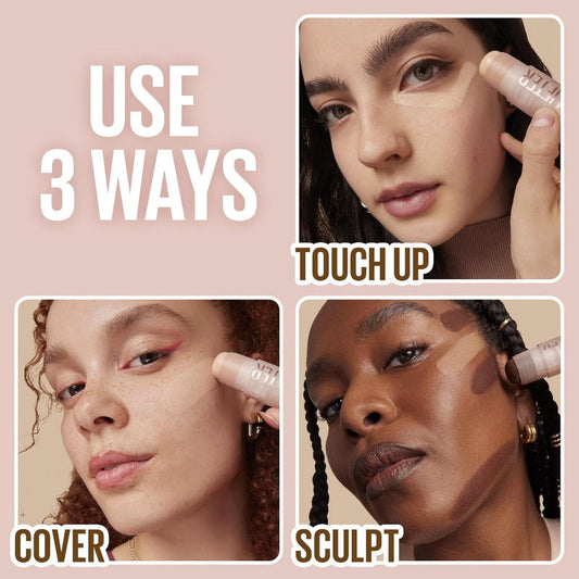 Three ways to use a cosmetic product on different skin tones with text labels. Makeup Warehouse Australia