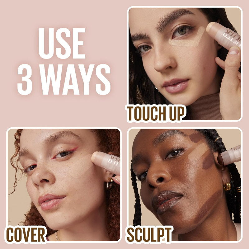 Three ways to use a cosmetic product on different skin tones with text labels. Makeup Warehouse Australia