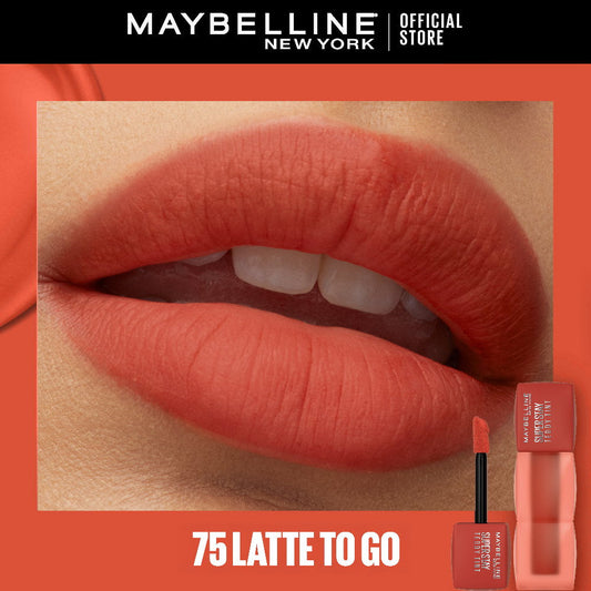Lipstick with '75 Latte To Go' shade and Maybelline branding on an orange background