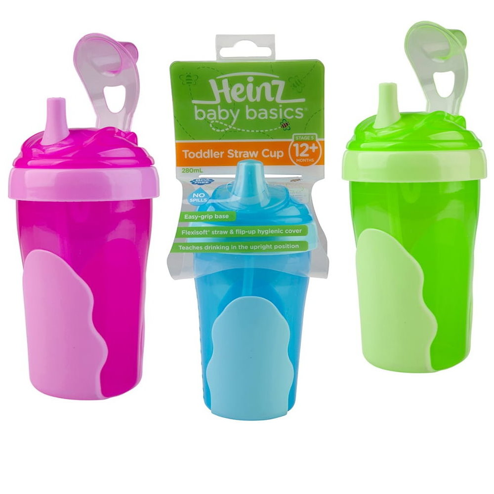3pk Heinz Baby Basics Toddler Straw Cup 12m+ 280ml Green Blue Pink - Toddler Bottles