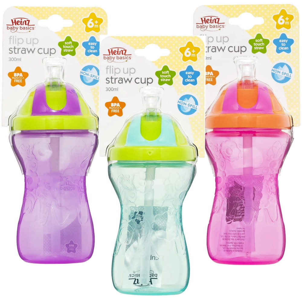 3pk Heinz Baby Basics Flip Up Straw Cup 300mL Blue Pink Purple - Makeup Warehouse Australia