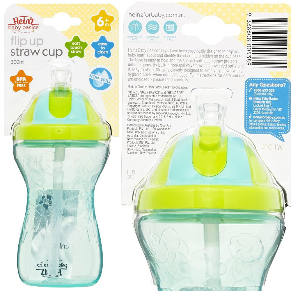 3pk Heinz Baby Basics Flip Up Straw Cup 300mL Blue Pink Purple - Makeup Warehouse Australia