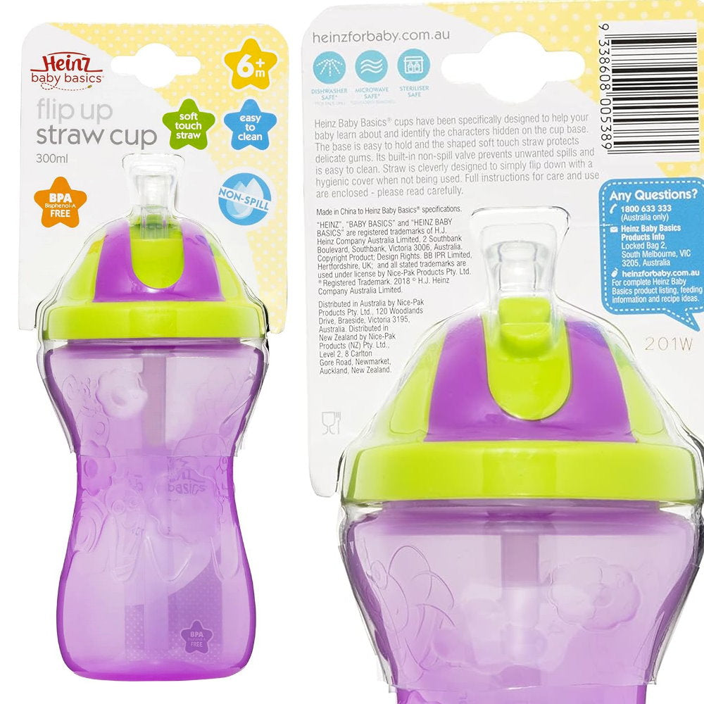 3pk Heinz Baby Basics Flip Up Straw Cup 300mL Blue Pink Purple - Makeup Warehouse Australia