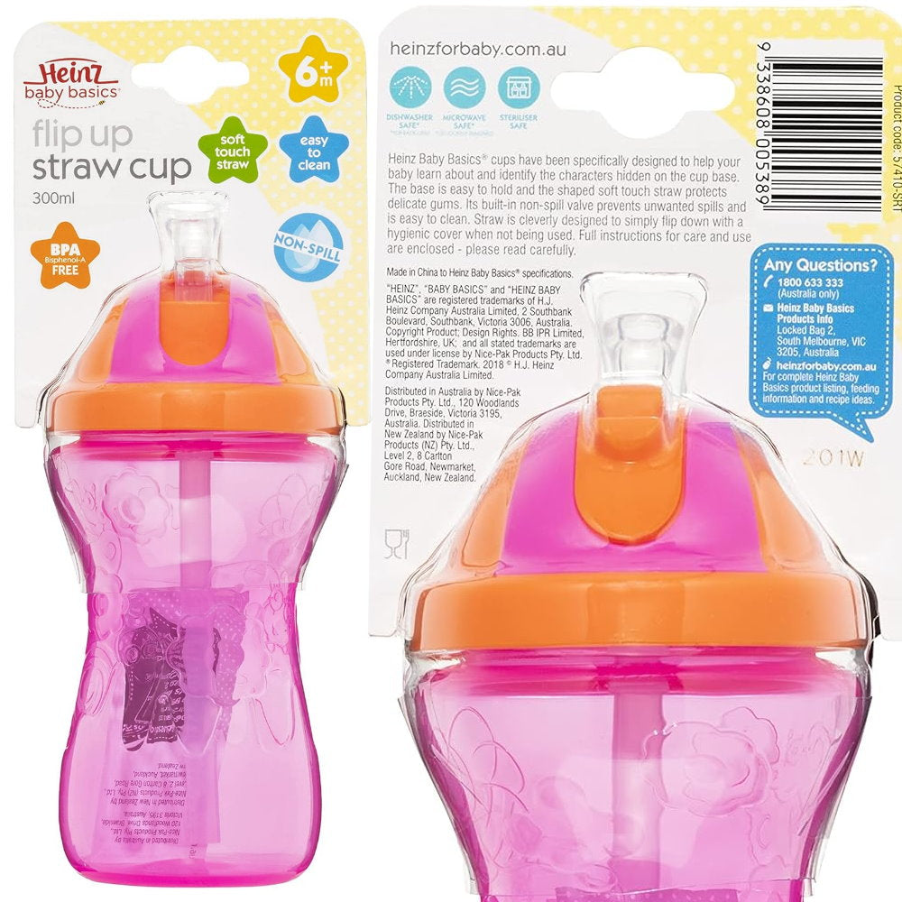 Heinz Baby Basics Flip Up Straw Cup Pink 6m+ 300mL - Baby Bottles