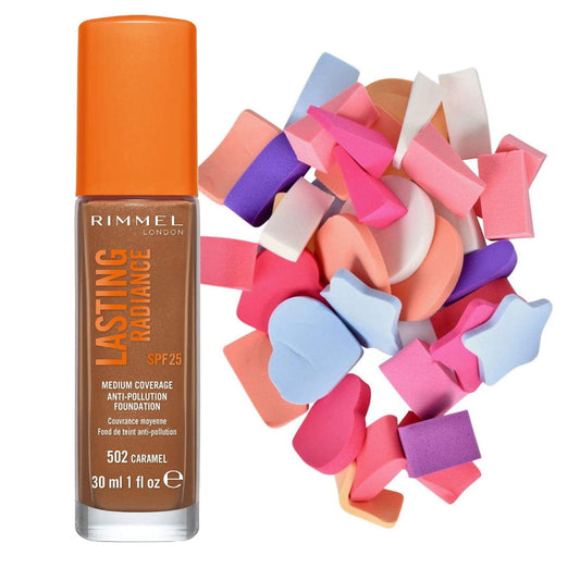 Shop Now Rimmel Lasting Radiance Foundation 502 Caramel plus Makeup Sponges Makeup Warehouse Australia