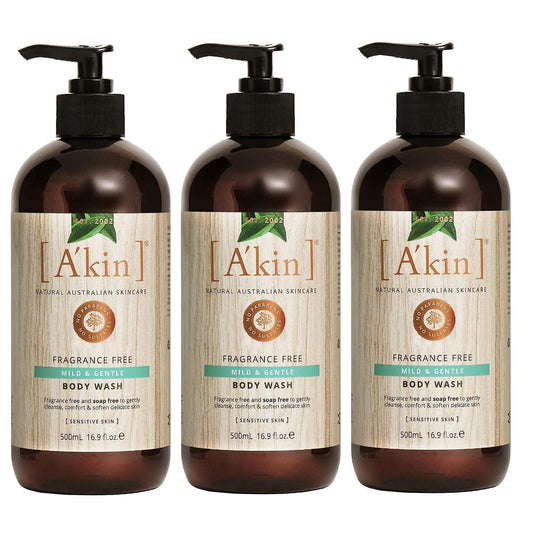 3 x Akin Fragrance Free Mild and Gentle Body and Hand Wash 500ml