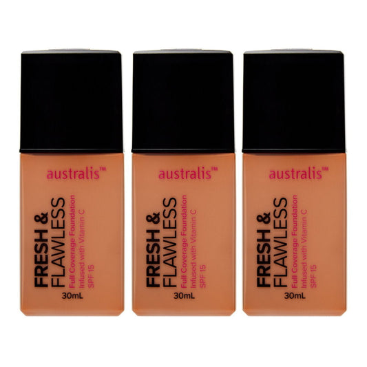 3 x Australis Fresh & Flawless Full Coverage Foundation SPF 15 Toffee