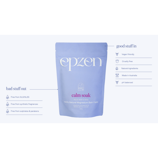 6 x Epzen Calm Soak Relax Body & Mind 100% Natural Magnesium Bath Flakes 500g