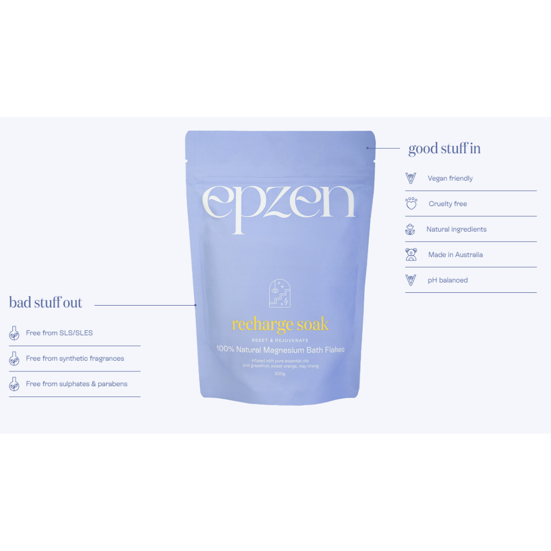Epzen Recharge Soak Reset & Rejuvenate 100% Natural Magnesium Bath Flakes 500g