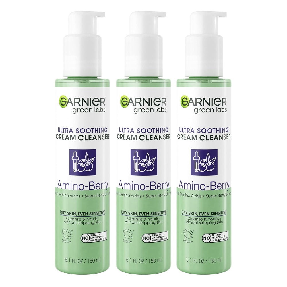 3 x Garnier Green Labs Ultra Soothing Cream Cleanser Amino Berry 150ml