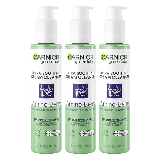 3 x Garnier Green Labs Ultra Soothing Cream Cleanser Amino Berry 150ml