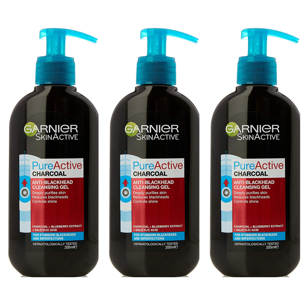 3 x Garnier Pure Active Charcoal Anti Blackhead Cleansing Gel 200ml