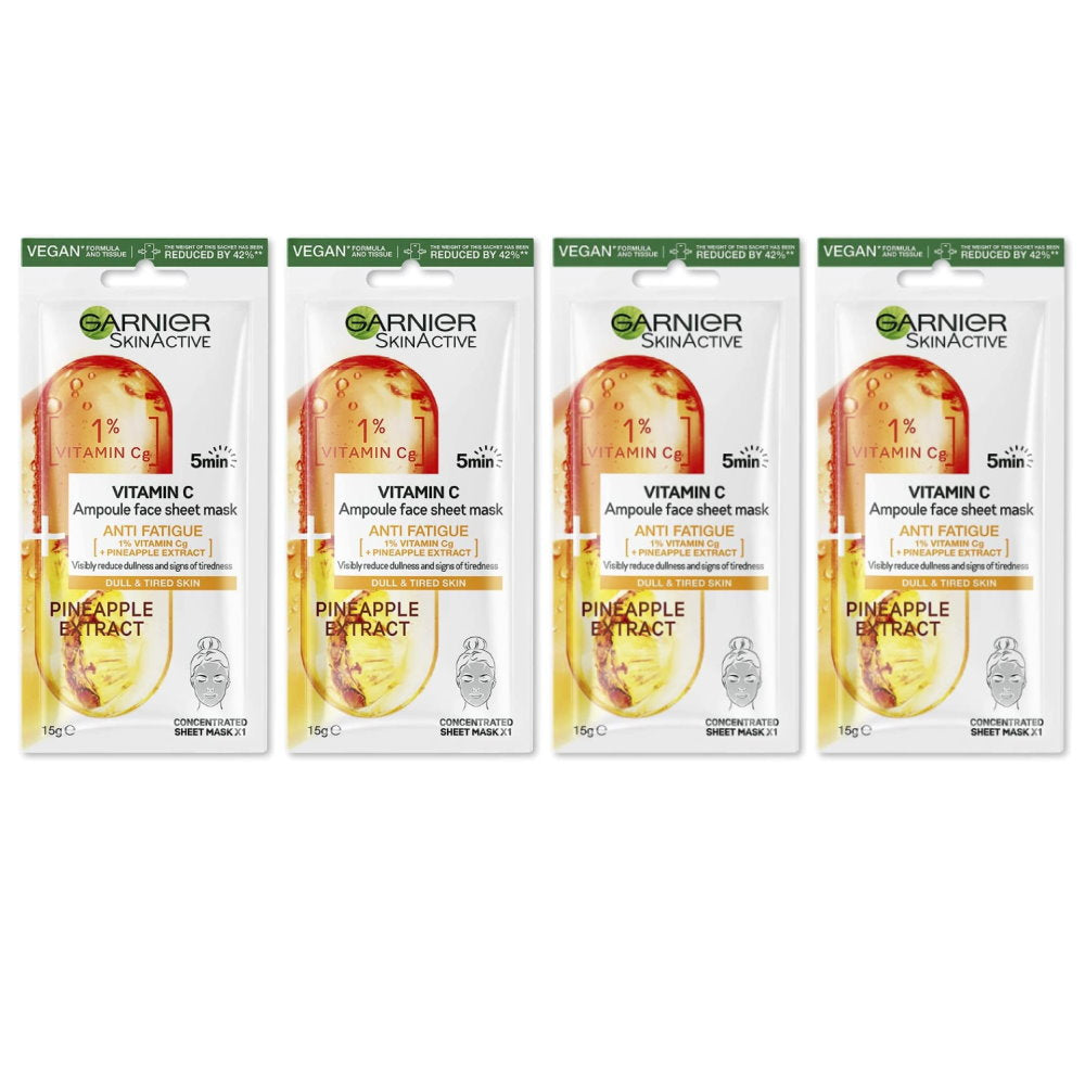 4 x Garnier Skin Active Vitamin C Anti Fatigue Ampoule Face Sheet Mask Pineapple Extract 15g