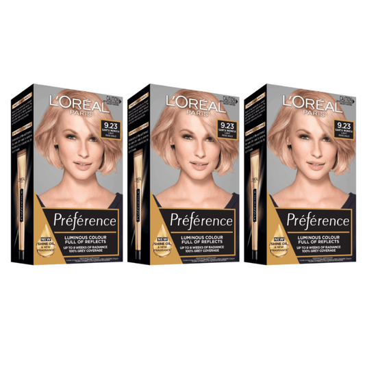 3 x LOreal Preference Permanent Hair Colour 9.23 Santa Monica Light Rose Gold