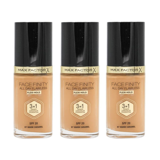 3 x Max Factor Face Finity All Day Flawless 3 in 1 Foundation 87 Warm Caramel 30mL