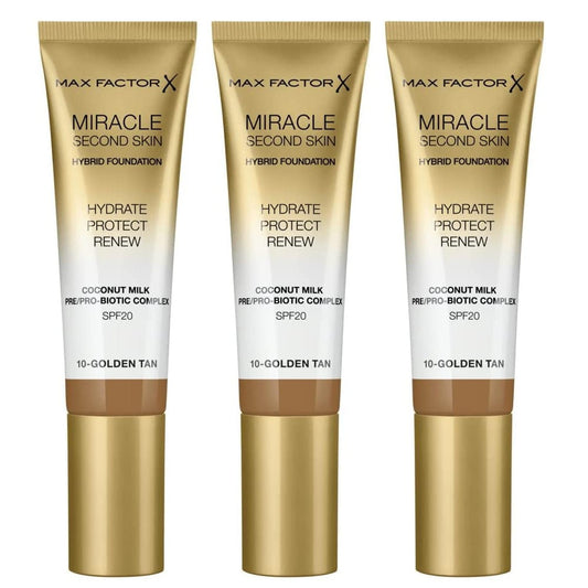 3 x Max Factor Miracle Second Skin Hybrid Foundation SPF20 30mL - 10 Golden Tan