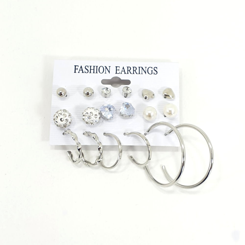 Rosy Lane 9 Pairs Assorted Stud and Hoop Earrings - Silver