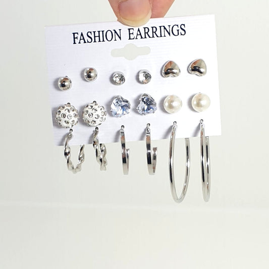 Rosy Lane 9 Pairs Assorted Stud and Hoop Earrings - Silver