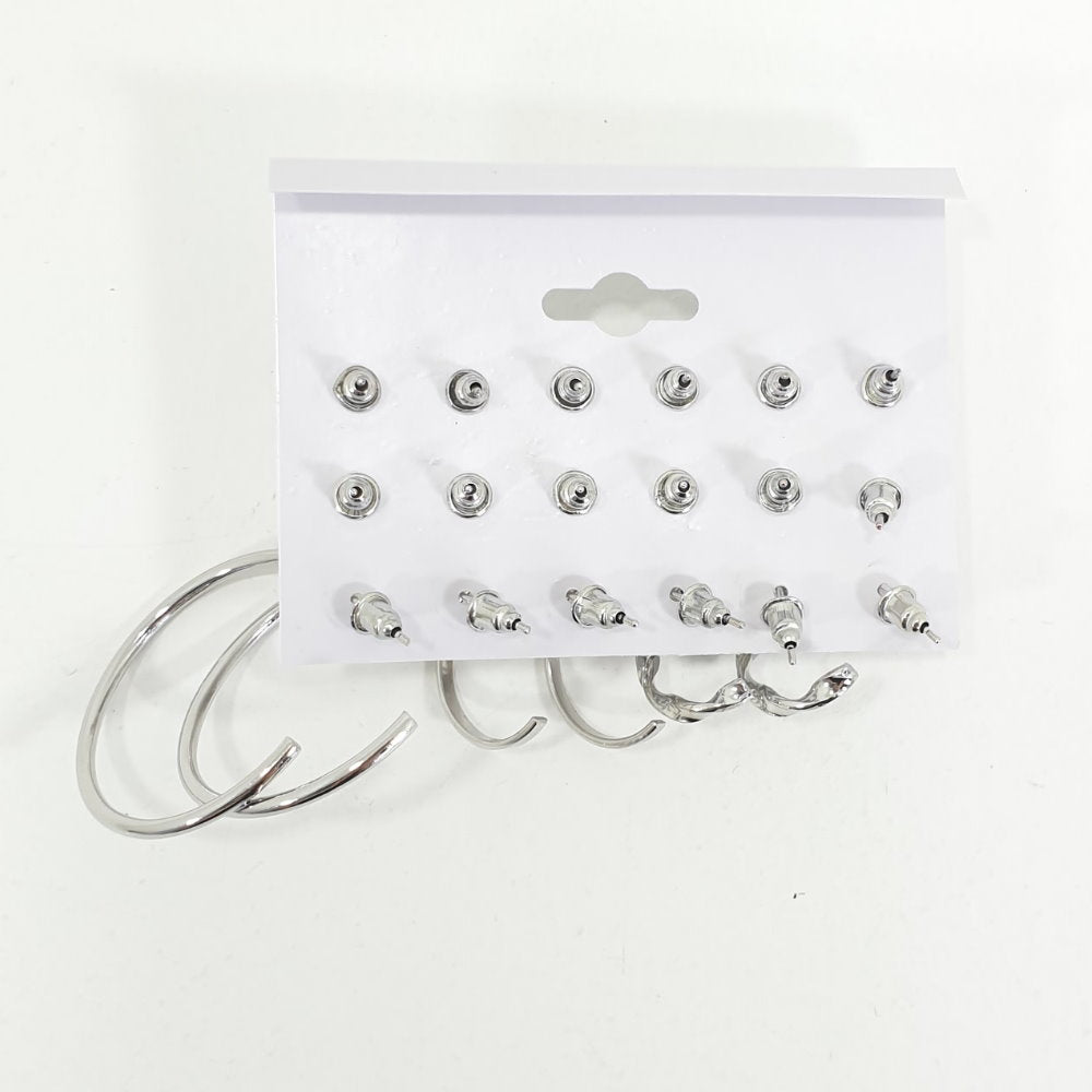 Rosy Lane 9 Pairs Assorted Stud and Hoop Earrings - Silver