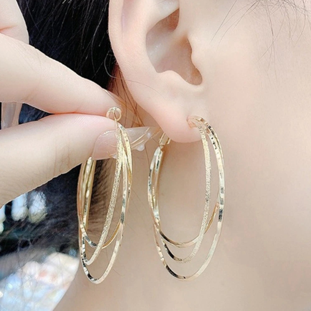 Rosy Lane Round Tri Geometric Hoops Earrings - Gold