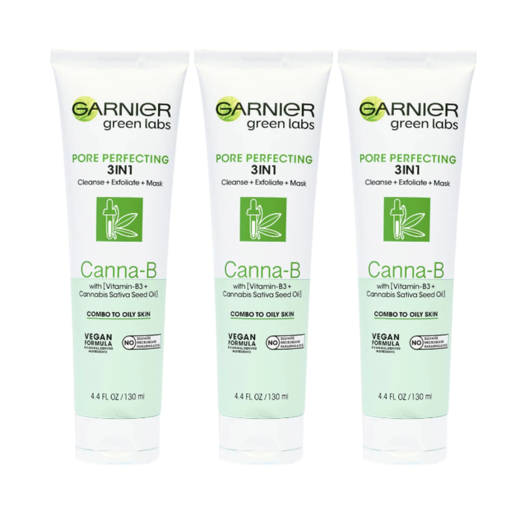 3 x Garnier Green Labs Pore Perfecting 3 in 1 Cleanse Exfoliate Mask Canna B 130mL