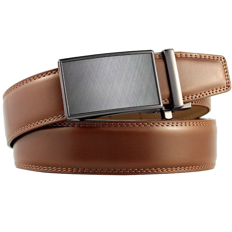 OSKA Men’s Belt Genuine Leather Automatic Buckle Dark Silver - Brown