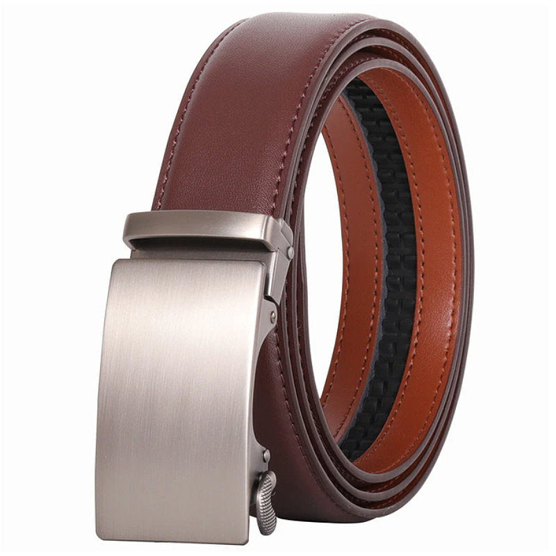 OSKA Men’s Belt Genuine Leather Automatic Buckle Matt Silver - Deep Brown - Makeup Warehouse Australia 