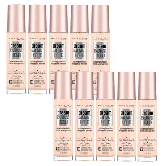 10x Maybelline Dream Radiant Liquid Foundation 30ml 10 Porcelain Ivory (Carded)