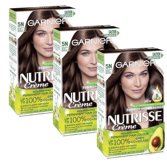 Shop Online 3x Garnier Nutrisse Creme Nourishing Permanent Hair Colour 5N Natural Nude Medium Brown - Makeup Warehouse Australia