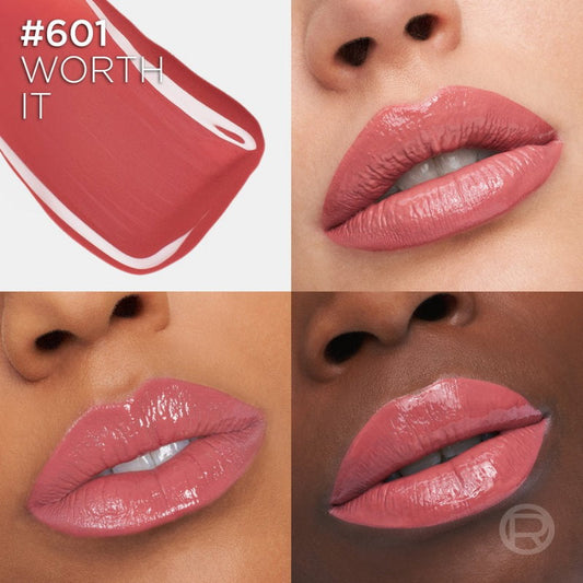 Lipstick shade #601 'Worth It' shown on different skin tones with a close-up of lips wearing the color. Makeup and Beauty
