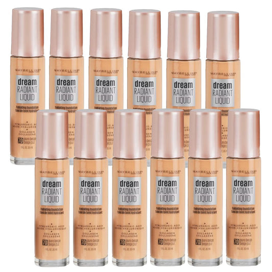 Buy 12pk Maybelline Dream Radiant Liquid Hydrating Foundation 70 Pure Beige - Makeup Australia Online Warehouse Store
