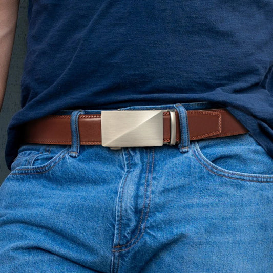 OSKA Men’s Luxury Belt Genuine Leather Automatic Buckle Matt Silver Brown - Makeup Warehouse Australia OSKA Men’s Luxury Belt Genuine Leather Automatic Buckle Matt Silver Brown - Makeup Warehouse Australia