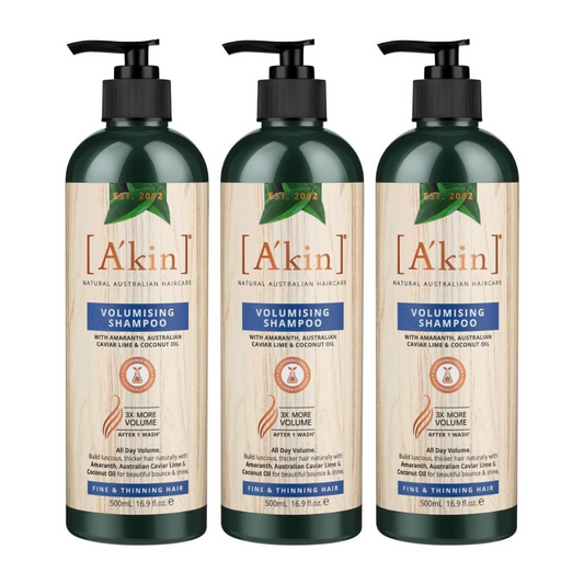 3x Akin Volumising Shampoo Amaranth, Australian Caviar Lime and Coconut Oil 500ml