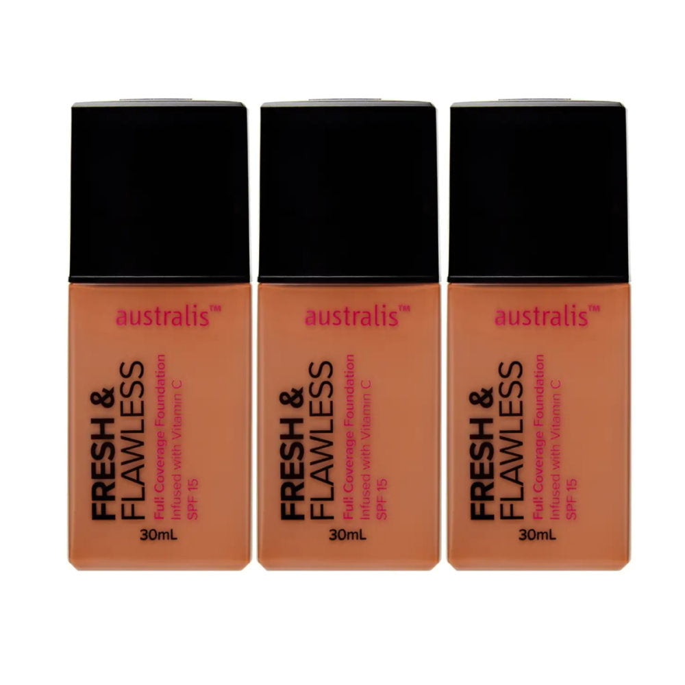 3x Australis Fresh & Flawless Full Coverage Foundation SPF 15 Caramel