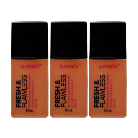 3x Australis Fresh & Flawless Full Coverage Foundation SPF 15 Deep Tan