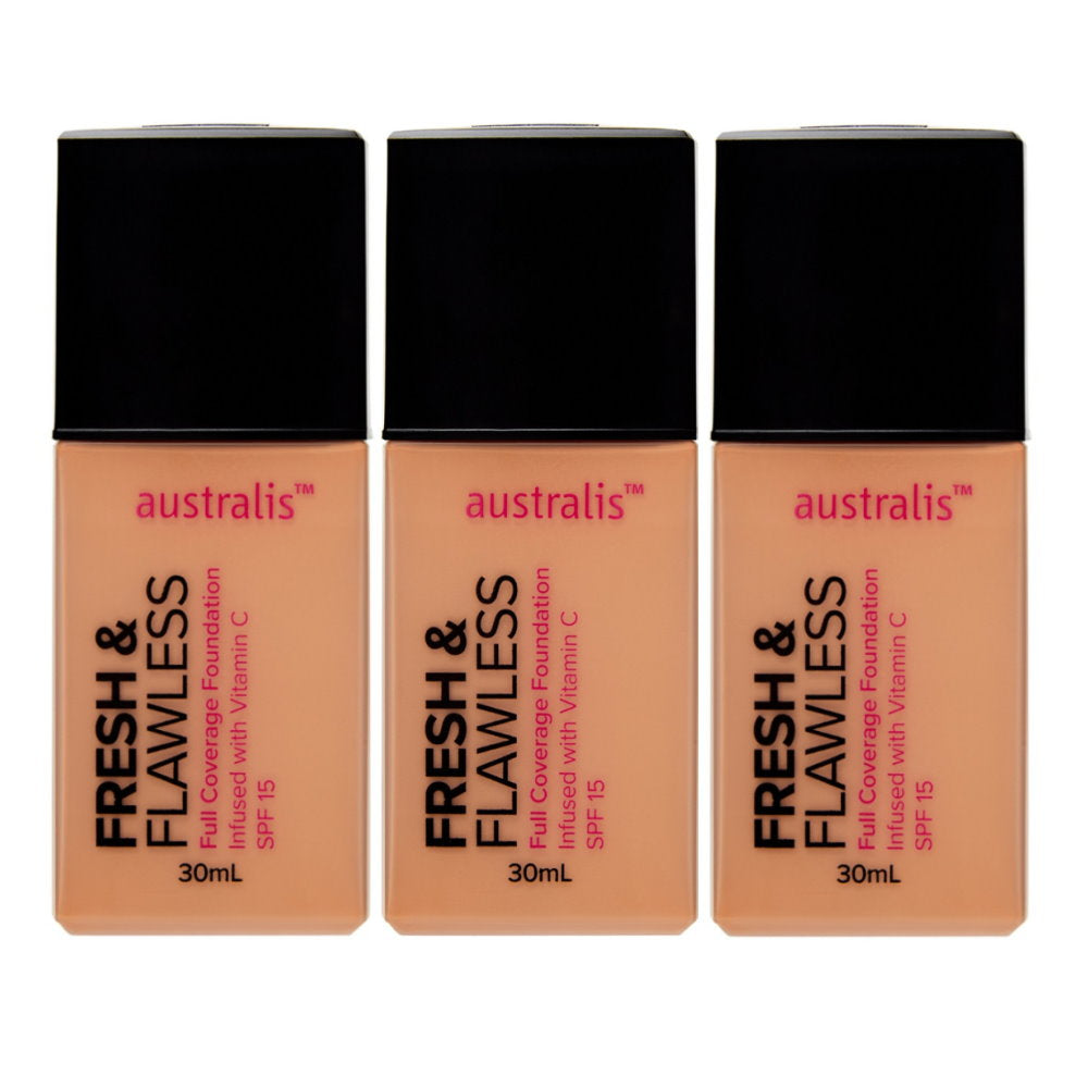 3x Australis Fresh & Flawless Full Coverage Foundation SPF 15 Fawn